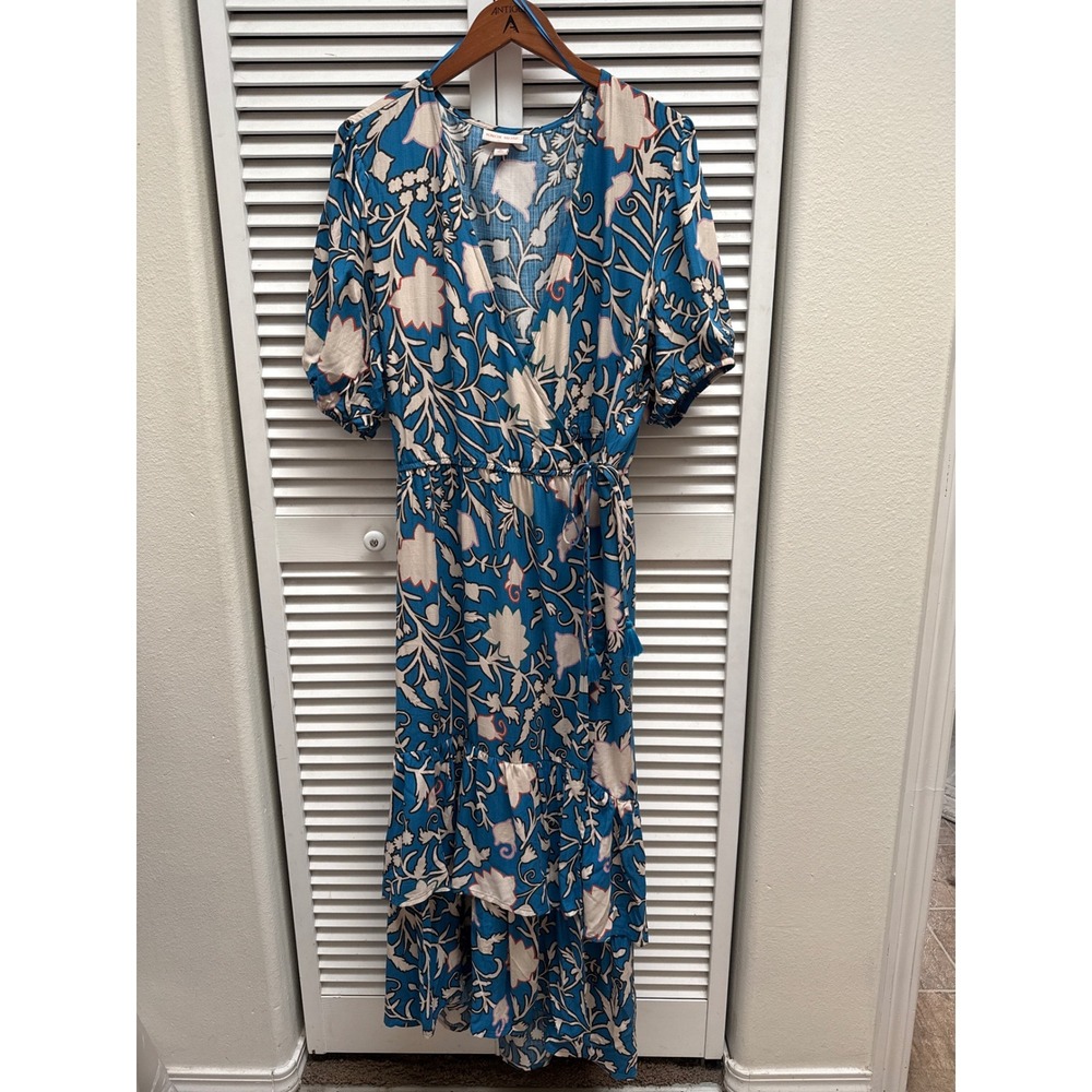 Knox Rose Blue Floral Wrap Maxi Dress XL Boho Tassel High Low Tiered Ruffle Hem